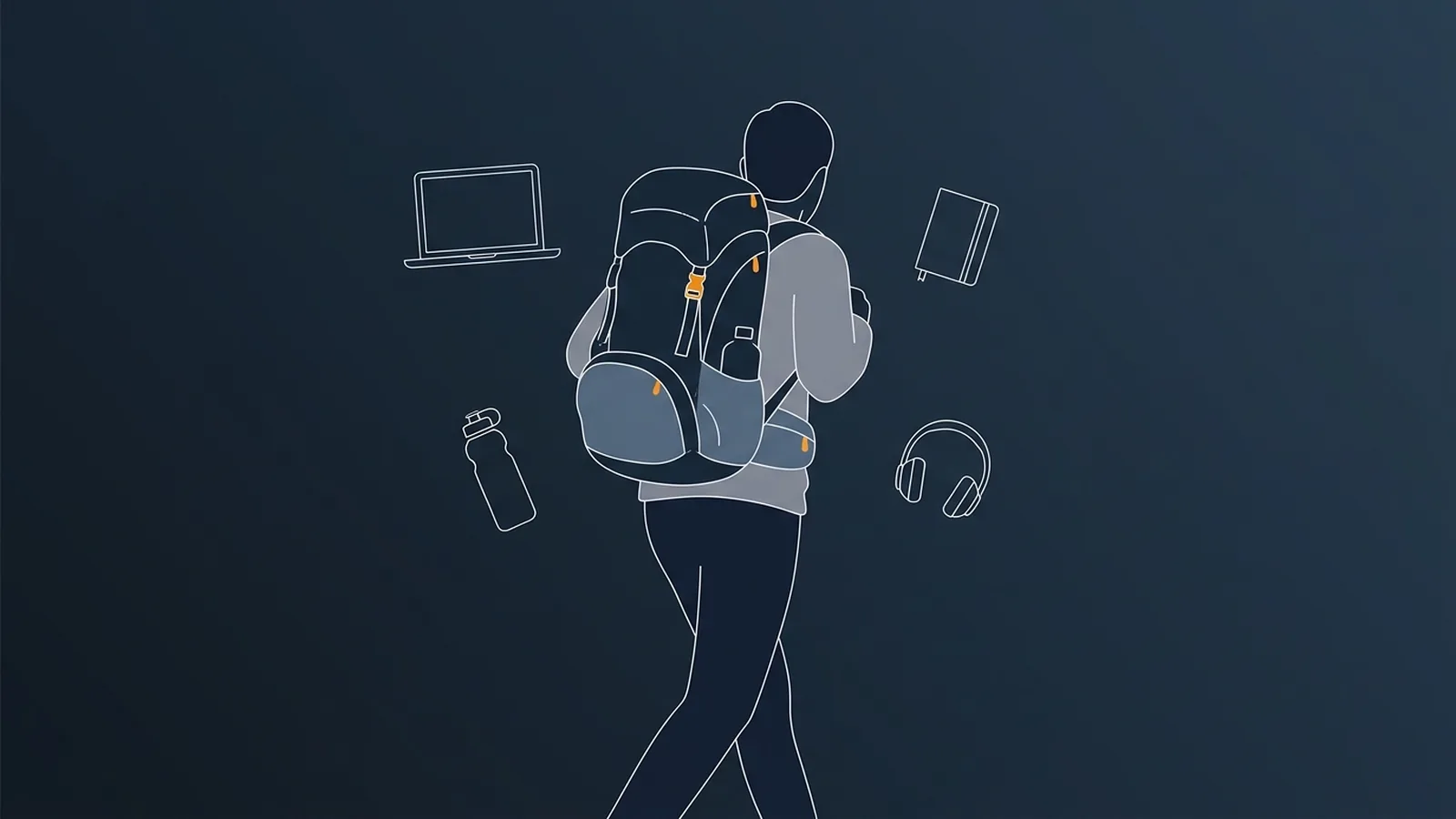 パンパンのリュックを背負って歩く人と、中身のノートPC・水筒・手帳・ヘッドフォンを表したイラスト